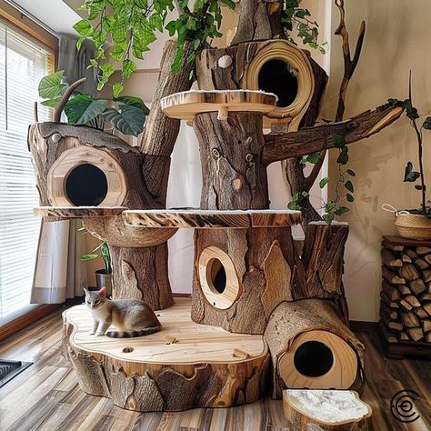 Elevate your feline friend’s playtime with the Giant Treehouse Inspired Cat Tree, a marvel of whimsical design and feline functionality. Crafted to mimic the enchanting allure of an actual treehouse, this multi-tiered structure boasts a lush faux foliage canopy, sturdy natural wood platforms, and cozy hideaways that cater to your cat’s every need. Conceptual AI Art Follow @ecosapiens for more! Cat Tree Tree, Outdoor Cat Tree, Custom Cat Trees, Cat Exercise Wheel, Cat Castle, Cat Patio, Cat Tree House, Diy Cat Tree, Cat Wall Furniture