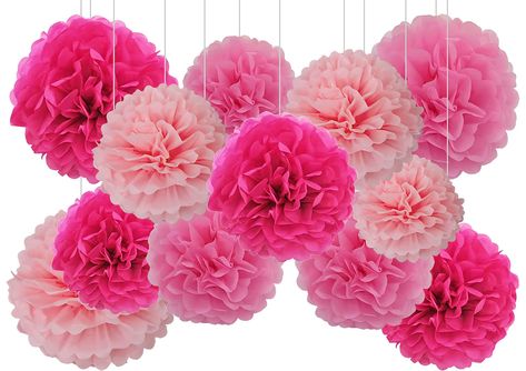 PRICES MAY VARY. Package includes: 12 paper pom poms flower decorations, 3 sizes in 3 colors, 1 for each color in 12 inches, 2 for each color in 10 inches, and 1 for each color in 8 inches Made from premium quality tissue paper, these pom poms are handcrafted, lightweight, soft, and easy to match with different scenes Easy to assemble,It takes only a few minutes to peel apart and properly “fluff up” each tissue paper balls For occasion:birthday, wedding, christening, baby shower, graduations, ho Loveshackfancy Party Decor, All Pink Birthday Party, Grad Party Pink, Ceiling Party Decorations, Hot Pink Party Decorations, Pink Birthday Party Decor, Pink Flowers Party, Pink Table Decor, Chic Party Decor