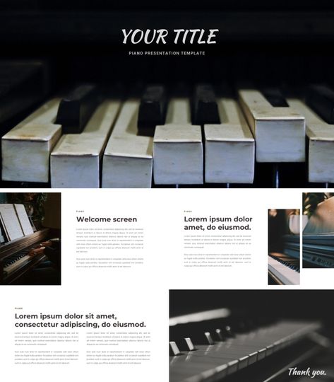 Make the best out of your presentation with our Piano template! This music-themed PowerPoint template brings out a slight touch of classic style, thanks image choices and effects. The design fits any kind of presenters, though it works best for music industry workers or music-related presentations Piano Template, Presentation Music, Themed Powerpoint, Piano Pictures, Templates Simple, Presentation Slides Design, Lounge Music, Modern Layout, Slides Design