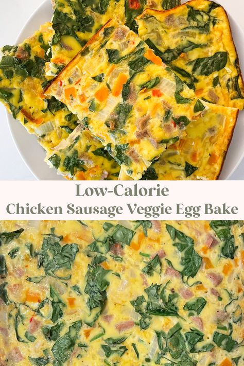 Low Calorie Chicken Sausage Veggie Egg Bake Chicken Sausage Egg Bake, Veggie Egg Bake, Sausage Egg Bake, Healthy Breakfast Baking, Hosting A Brunch, Breakfast Bakes, Chicken Sausage Recipes, Sausage Recipes For Dinner, Low Calorie Chicken