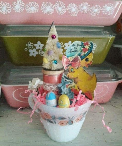 Easter Kabobs, Easter Assemblage, Easter Diorama, Chic Filet, Reclaimed Kitchen, Springtime Crafts, Bottlebrush Trees, Victorian Crafts, Easter Vintage