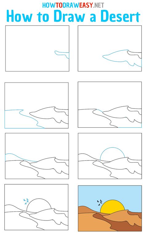 How to Draw a Desert Step by Step #LandscapeDrawing #Landscapes #Drawings #EasyDrawingTutorial #Desert #Sand #Sandy #Sun #Solar #SunDIsc #Dust #Egypt #Africa #AfricanLandscape #Sunset #Sunshine #Birds #HowtoDraw Desert Landscape Drawing Simple, Desert Drawing Easy, Desert Drawing Simple, Desert Animal Art, Desert Drawing, Super Easy Drawings, Scenery Drawing For Kids, Desert Landscape Art, Pencil Drawings For Beginners