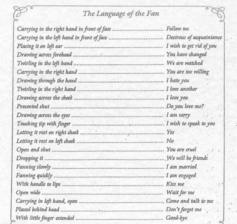 The Secret Language of Fans | Objects of Vertu | Sotheby’s Language Of Fans, Fan Language, American Duchess, Alphabet Code, I Love You Drawings, Etiquette And Manners, Secret Language, Secret Code, Secret Messages