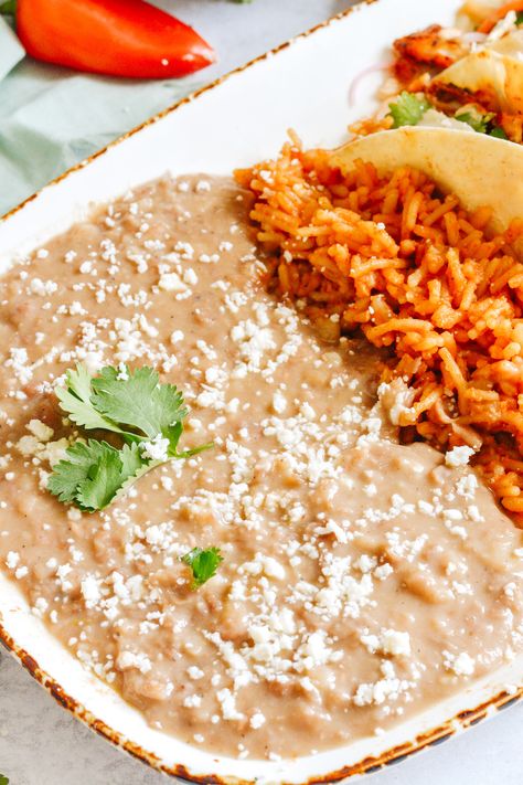 Mexican Restaurant Rice And Beans, Authentic Mexican Rice And Beans, Mexican Rice And Refried Beans, Beans And Rice Mexican, Authentic Mexican Refried Beans, Mexican Restaurant Recipes, Refried Beans Instant Pot, Mexican Refried Beans Recipe, Best Refried Beans Recipe