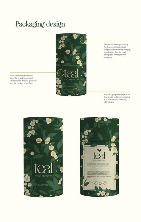 BRAND & PACKAGING design | Green tea on Behance Sustainable Tea Packaging, Matcha Tea Packaging Design, Herbs Packaging Design, Green Tea Branding, Cute Tea Packaging, Botanical Packaging Design, Tea Branding Packaging, Dark Green Packaging, Tea Packaging Design Ideas