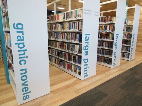 love this Library Grand Opening Ideas, Library Signage Ideas, Book Displays Library, Bulletin Boards School, Library Wayfinding, Public Library Design, School Library Decor, Library Signage, School Library Design