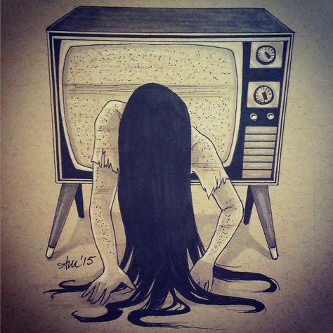 “#Drawlloween Day 7) Haunted House. I know, not a house here, but in a house! ;) Had more fun drawing a tv than I anticipated.." - The Ring, Samara [by octipuff] Paranormal Drawings, The Ring Girl, Movie Character Drawings, Samara Morgan, Inktober Ideas, Tv Tattoo, Scary Drawings, Ghost Drawing, Horror Drawing