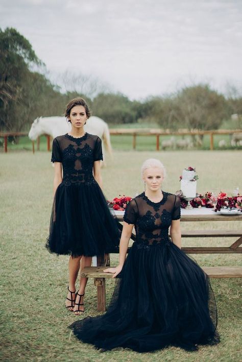 Black embroidered tulle wedding gowns / http://www.himisspuff.com/black-wedding-dresses/3/ Tulle Gowns, Halloween Wedding Invitations, Berry Tones, Gowns Black, Black Tie Attire, Tulle Wedding Gown, Black Bridesmaids, Chic Halloween, Wedding Black