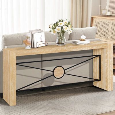 This wood console table, featuring retro distressed design, discards complicated construction and its simple lines and classic finish represent glowing welcome and low-key taste, elevating the whole room. The selected materials of the high-quality MDF and solid pine wood and metal bring the 64" long sofa table reliable quality. The thick metal bars in a double“Z” shape under the top panel create a firm base and strengthen the structural stability with a maximum bearing capacity of 176 lb. The wo Table Behind Couch, Long Sofa Table, Behind Couch, Long Console Table, How To Waterproof Wood, Long Sofa, Table Farmhouse, Wooden Console Table, Table Metal