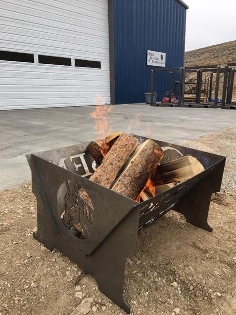 "Custom made firepits, slip fit and collapsible so no bolts or welds! Variety of designs to choose from. Made in the USA out of heavy 12 gauge steel, unpainted. Top of firepit measures 18.5\" x 20\" and 22.5\"x20\", bottom of the firepit measures 7\" wide.  Perfect for backyard fires, camping in the mountains or down at the lake. Standard firewood bundles will fit inside this firepit. Sides come standard with mountain design, you choose the two end designs. We can do custom designs as well; name Fire Pit Designs Metal, Backyard Campfire, Fire Pit Grate, Stainless Steel Fire Pit, Custom Fire Pit, Plasma Table, Cnc Ideas, Metal Fire Pit, Fire Basket