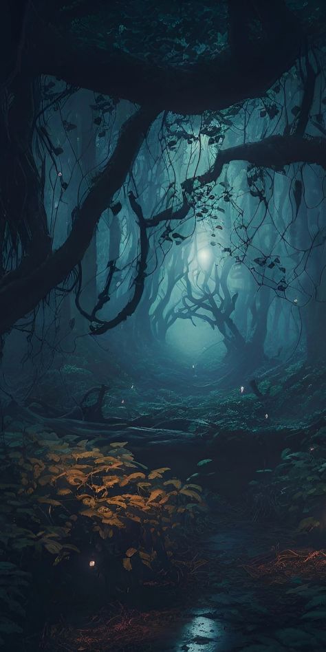 Spooky Enchanted Forest, Dark Fairy Background, Dark Forest Art Fantasy Woods, Scary Forest Illustration, Fey Landscape, Spooky Forest Drawing, Dark Fantasy Forest Art, Haunted Forest Art, Faewild Forest