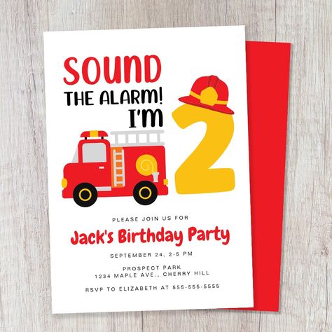 Fire Truck 2nd Birthday Party Invitation 2nd Golden Birthday, Truck 2nd Birthday Party, Truck Party Theme, Truck 2nd Birthday, Yellow Typography, Painted Banners, Fire Truck Birthday, Fireman Birthday, Firetruck Birthday