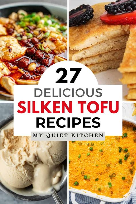 From breakfast to dessert and everything in between, there's something for everyone in this collection of the Best Silken Tofu Recipes! Featuring 27 delicious recipe ideas from some of my favorite vegan bloggers! Tofu Lasagna Recipe, Silken Tofu Salad Dressing, Hidden Tofu Recipes, Pumfu Recipes, Vegan Silken Tofu Recipes, Silken Tofu Breakfast, Silk Tofu Recipes, Soft Tofu Recipes, Tofu Ideas