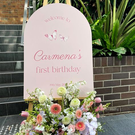 This sweet baby pink welcome sign was created especially for little Carmena's first birthday and @loverlover_events Another shout out to @saltandstem.au for that magical floral arrangement so perfect for a little girl! 🌸🦋⠀ . . . #welcomesign #birthdaysign #firstbirthday #partysigns #archweddingsigns #weddingwelcome #eventsignage #eventsaustralia #brisbaneweddings #weddingstationery #weddingsignage #butterflyparty Pink Welcome Sign, Event Signage, Butterfly Party, Birthday Sign, Wedding Signage, Party Signs, Wedding Welcome, Wedding Arch, Baby Birthday