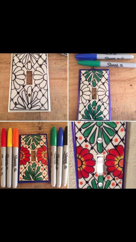 Talavera Light Switch Covers, How To Paint Talavera Style, Diy Switch Plate Covers, Painted Switch Plates, Classroom Decor Diy Ideas, Diy Lightswitch Cover Ideas, Painted Switch Plate Covers, Decorative Switch Plate Covers, Switch Plate Covers Diy