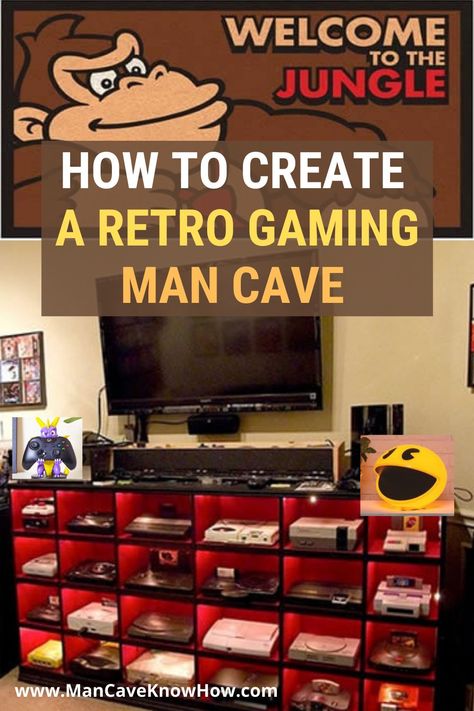 Forget the usual boring man cave ideas. If you like your gaming then why not create a retro gaming man cave. From '80s style arcade machines to early console inspired accessories you can kit your retro gaming man cave out in style. #retogamingmancave #gamingmancave #mancave Man Cave Arcade Room, 90s Game Room Ideas, Arcade Man Cave, Retro Man Cave, Garage Arcade, Vintage Man Cave Ideas, Gaming Man Cave, Retro Gaming Room, Sports Room Man Cave