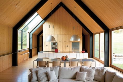 Gable Ceiling Kitchen, Nordic Noir, Converted Church, Vermont Farms, Woodstock Vermont, Gable House, Structural Insulated Panels, Light Hardwood, Light Hardwood Floors