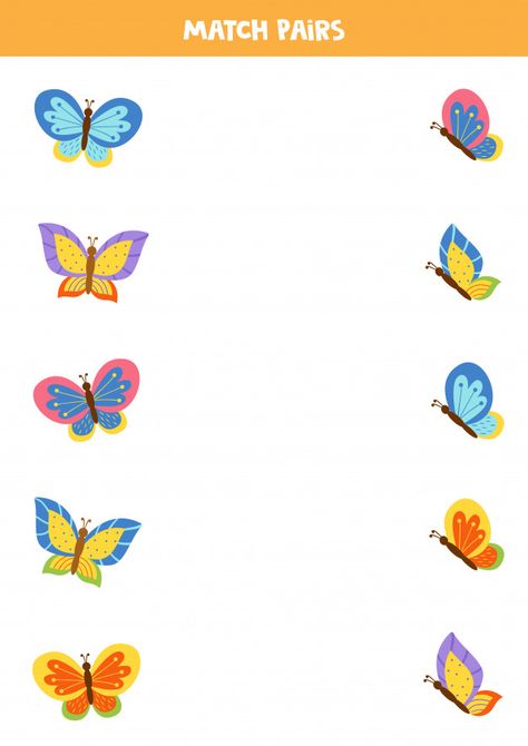 Butterfly Worksheet, Flying Butterflies, Preschool Activities Toddler, Game For Children, Matching Pairs, Butterfly Kids, Kids Vector, Butterfly Crafts, Educational Worksheets