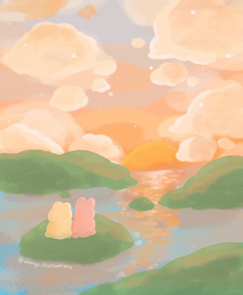 Cute Pastel Illustration, Sunrise Drawing, Grass Drawing, Drawing Sunset, Drawing Scenery, Tumblr Art, Pastel Sunset, Bunny Drawing, Pastel Sky