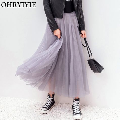 OHRYIYIE 2018 Spring Summer Vintage Skirts Womens Elastic High Waist Tulle Mesh Skirt Long Pleated Tutu Skirt Female Jupe Longue-in Skirts from Women's Clothing & Accessories on Aliexpress.com | Alibaba Group Tule Rok Outfits, Tulle Skirt Women, Long Tutu Skirt, Tutu En Tulle, Organza Dresses, Pleated Tulle Skirt, Rok Tutu, Rok Outfit, Tule Rok