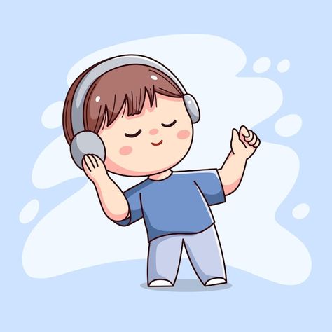 Vector cute happy boy with headphone lis... | Premium Vector #Freepik #vector #anime-boy #boy #cute-boy #chibi-boy Chibi Listening To Music, Outline Cartoon, Headphones Drawing, Chibi Boy, Kawaii Boy, Listening Music, Music Drawings, Boy Boy, Happy Boy