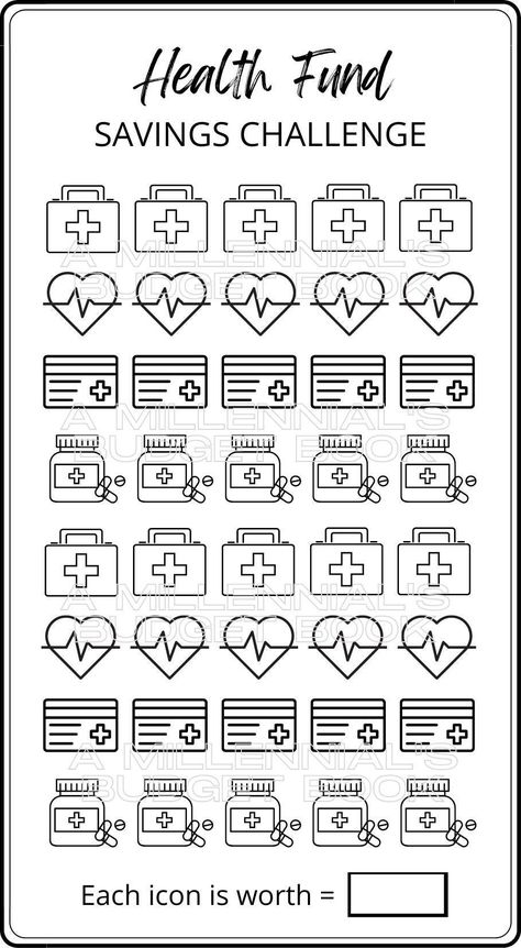 Investments Savings Challenge Tracker - Digital download for at home printing.  - PDF file suitable for an A6 binder This tracker is designed to help you budget so you can put money away for medical expenses. You choose how much each icon represents so you can save at your own pace. Please note that this is a digital product. No physical item will be posted to you. May Savings Challenge, Medical Savings Challenge, Saving Money Chart, Money Chart, Money Saving Methods, Challenge Tracker, A6 Binder, Money Saving Techniques, Money Makeover