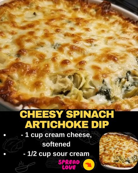 Cheesy Spinach Artichoke Dip Cheesy Artichoke Dip, Creamy Artichoke Dip, Spinach Dip Recipe Easy, Creamy Spinach Artichoke Dip, Easy Spinach Artichoke Dip, Artichoke Spinach Dip, Cheesy Spinach Artichoke Dip, Spinach Artichoke Dip Easy, Baked Spinach Artichoke Dip