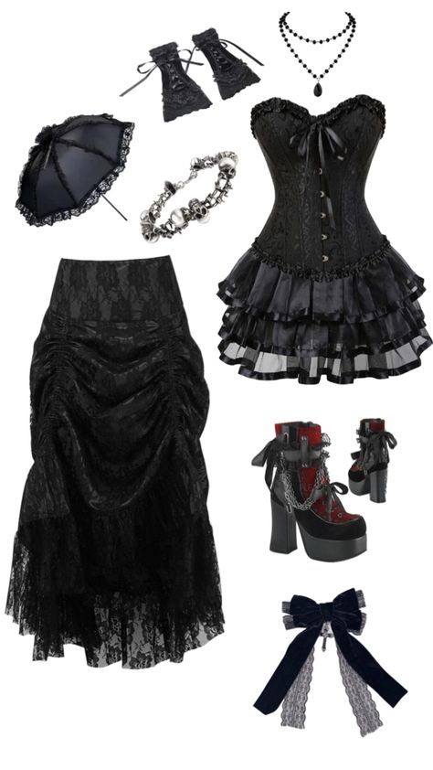 goth gothic alternative emo outfit inspo vkei Pierce The Veil Concert Fits, Grunge Mall Goth, Trad Gothic Outfits, Gothic Romantic Outfits, Female Goth Outfits, Goth Inspo Outfits, Alternative Goth Outfits, Goth Outfits Girl, Traditional Goth Outfits