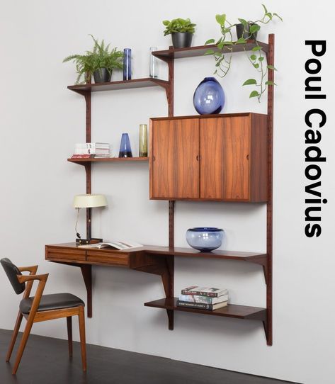 Transform your space with this iconic Poul Cadovius wall unit, a perfect blend of mid-century modern design and functionality.   Poul Cadovius, Mid-Century Modern, Modular Wall Unit, Rosewood Furniture, Vintage Shelving, Danish Design, Minimalist Workspace, Retro Furniture, Scandinavian Design, Interior Design, Modern Home Decor, Functional Art, Wall Shelving System, Vintage Furniture, Space-Saving Decor Royal System Shelving, Mid Century Wall Unit, Wall Shelving Systems, Rosewood Furniture, Compact Desk, Vintage Shelving, Compact Desks, Traditional Desk, Display Books