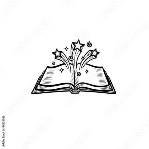 Open Book Drawing, Star Outline, 2024 Art, Doodle Icon, Book Drawing, Sketch Illustration, Image Vector, Magic Book, Vector Hand