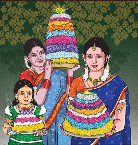 Bathukama... Pride of telangana Telangana Art Paintings, Telangana Culture Paintings, Telugu Paintings, Bathukamma Images Hd, Bathukamma Drawings, Batukamma Decoration, Bathukamma Decoration Ideas, Bhathukamma Festival, Bathukamma Images