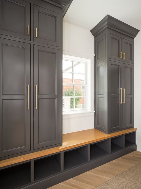 Charcoal Mudroom, Mudroom With Window In Middle, Benjamin Moore Trout Gray, Charcoal Cabinet, Farmhouse Mud Room, Farmhouse Style Decorating Ideas, Mudroom Cabinet, The Fox Group, Fox Group