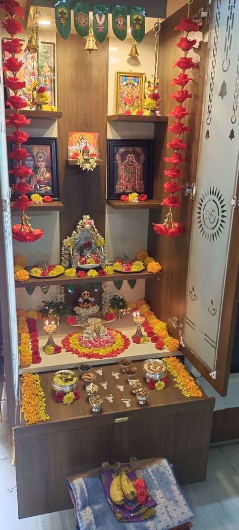 Interior Mata Design, Pooja Mandiram Designs, Small Shivling At Home, Pooja Ghar Decoration Ideas, Devudi Mandiram Designs, Diwali Pooja Decoration At Home, Temple Decoration Indian, Temple Decoration Ideas, Pooja Mandir With Doors