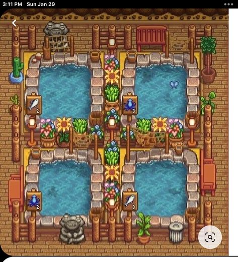 Stardew Valley Traveling Cart Design, Stardew Valley Shifting, Stardew Valley Fish Pond Layout, Sdv Beehive Layout, Sdv Farm Ideas, Fish Pond Stardew Valley, Stardew Mushroom Cave Design, Stardew Valley Cave Layout, Stardew Valley Junimo Hut Layout