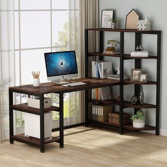 17 Stories Sturm Reversible L-Shape Desk | Wayfair Hutch Bookshelf, Rustic Writing Desk, Tower Shelf, Industrial Computer Desk, Shelves Office, Large Office Desk, Large Computer Desk, Desk Workstation, Modern Computer Desk