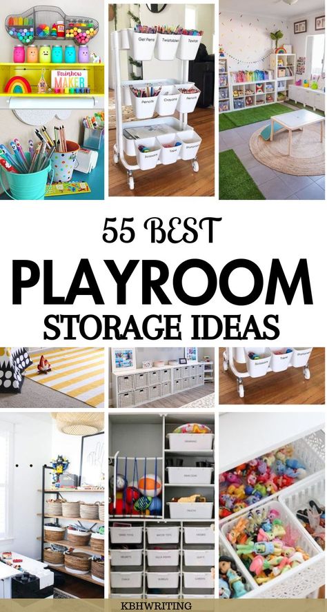 55 Best Playroom Storage & Organization Ideas Easy Playroom Organization, Finished Basement Toy Storage, Play Area Storage Ideas, Storage Toys Ideas, Cricut Playroom Ideas, Big Toys Organization Ideas, Basement Playroom Organization, Play Doh Organization Storage, Basement Playroom Storage