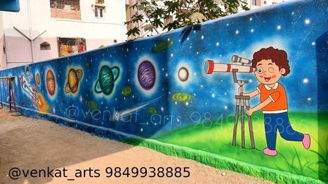 Cartoon Wall Painting Ideas, Wall Decor Classroom, School Wall Art Ideas, Wall Drawing Ideas, School Wall Decoration, Cartoon Wall Painting, Kids Room Wall Murals, Street Art Love, Boundary Wall