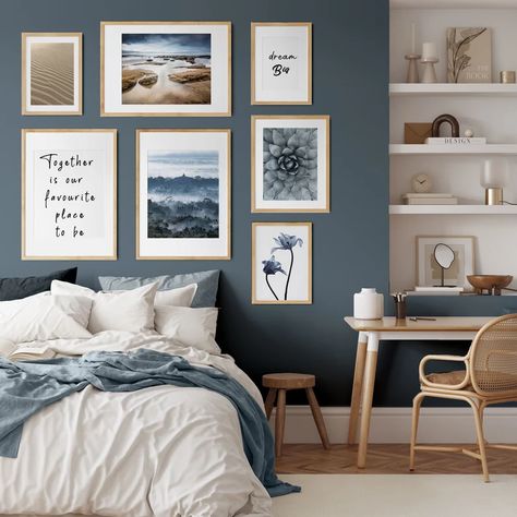 Boho Wall Art Set of 7 Prints Modern Wall Set Landscape Art | Etsy Navy Wall Bedroom Decor, Neutral Bedroom Blue Accents, Navy Gallery Wall, Alpine Bedroom Ideas, Accent Wall Blue Bedroom, Blue Themed Room Decor, How To Decorate A Blue Bedroom, Beige Navy Bedroom, Blue Scandinavian Bedroom