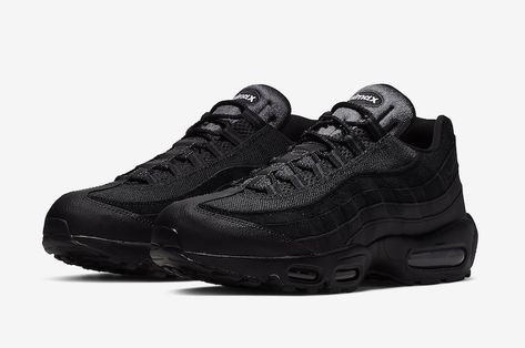 The Essential rendition of the Nike Air Max 95 will soon be arriving in a “Triple Black” colorway.This offering features a fully Black upper constructed in a mix of mesh, suede, and leather. White “Air Max” branding lands on the tongues with Nike Air insoles completed with solid Black rubber soles.#nikeairmax95 Nike Airmax 95, Airmax 95, Air Max 90 Premium, Mens Athletic Shoes, Mens Nike Air, Nike Air Max 95, Air Max 95, Triple Black, Nike Sneakers