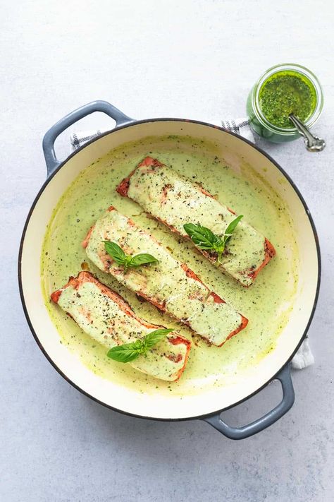 Baked Salmon with Pesto Cream Sauce - Creme De La Crumb Fish Recipes For Diabetics, Pesto Fish, Salmon With Pesto, Pesto Salmon Recipe, Lemony Orzo, Salmon With Cream Sauce, Pesto Cream Sauce, Savory Salmon, Cilantro Lime Salmon