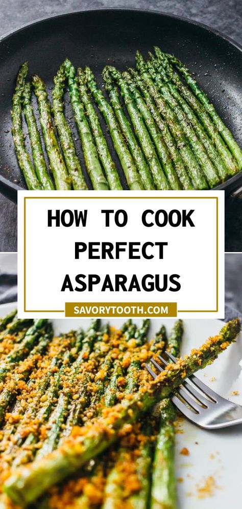 Asparagus is one of those versatile vegetables that can be cooked a variety of ways, such as steaming, simmering, grilling, sautéing, and roasting. The recipe below describes the recommended cooking method for consistently tender-crisp and juicy asparagus, plus a delicious parmesan-paprika seasoning. Recipes Vegetarian Easy, Cook Asparagus, Asparagus Recipes Baked, Easy Vegetarian Dinner, Dinner Side, How To Cook Asparagus, Grilled Asparagus, Asparagus Recipe, Recipes Vegetarian