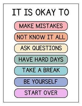 Normalize making mistakes, not knowing it all, asking questions, having hard days, taking a break, being yourself, and starting over. Hang this poster up to make your classroom look welcoming and remind your students that it's okay to have hard days! Ideal for your calm down corner or any spot in your classroom, its an invaluable tool for promoting emotional well-being. Enhance your classroom environment with this must-have resource!Interested in more Calm Corner Posters?"Triangle Breathing" pos Motivation Classroom Poster, Quiet Corners In Classroom, Classroom Safe Space Ideas, English Classroom Quotes, Positive Poster Ideas, Motivational School Posters, Inspirational Classroom Decor, Teacher Posters For Classroom, Classroom Decor Posters