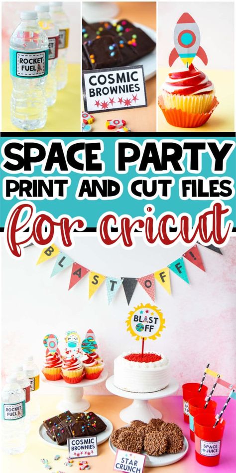 Looking for easy outer space party ideas? Use a #cricut and these free print and cut files to setup the best space party in just a few minutes! Everything from outer space cupcake toppers to party favors! And everything is #cricutmade! #sponsor Space Theme Party Favors, Diy Space Decorations For Party, Outer Space Party Food, Outer Space Party Ideas, Space Party Food Ideas, Space Party Ideas, Outer Space Party Favors, Space Cupcake Toppers, Outer Space Party Decorations