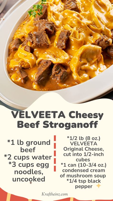 VELVEETA Cheesy Beef Stroganoff: A comforting dinner of ground beef, egg noodles, and creamy VELVEETA cheese mixed with condensed cream of mushroom soup and black pepper, ready in 30 minutes. Velveeta Recipes, Velveeta Cheese, Dinner Options, Hearty Dinner, Beef Stroganoff, Egg Noodles, Mushroom Soup, Creamed Mushrooms, Family Friendly Meals