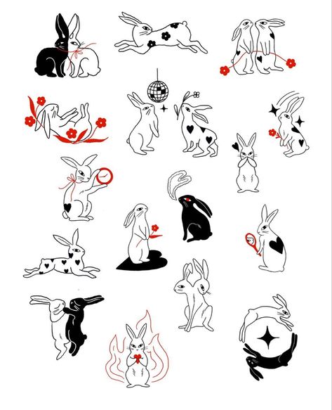 Aesthetic Rabbit Tattoo, Folk Art Rabbit Tattoo, Black And White Bunny Tattoo, Rabbit Yin Yang, Bunny Side Profile Drawing, Japanese Rabbit Tattoo Design, Rabbit Heart Tattoo, Edgy Cat Tattoo, Scary Rabbit Tattoo