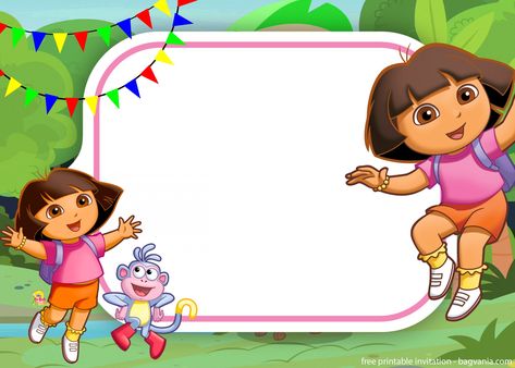 FREE Dora the Explorer Invitation For Your Little Explorers | FREE Printable Birthday Invitation Templates - Bagvania Dora Template, Explorer Theme, Explorer Birthday Party, Name Tag Templates, Car Birthday Theme, Free Printable Birthday Invitations, Birthday Party Theme Decorations, Kids Birthday Party Invitations, Dora The Explorer