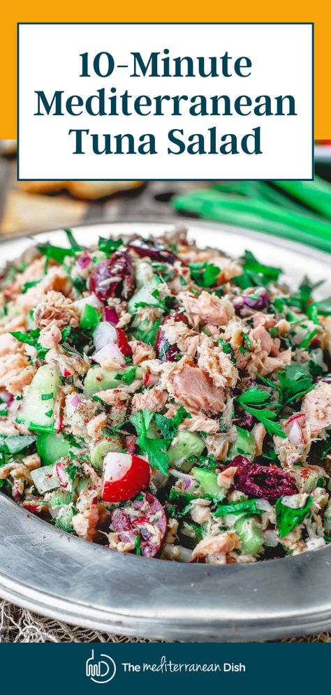 Tuna salad in a silver bowl ready to be ate! Mediterranean Tuna Spinach Salad, Mayoless Tuna Salad, Heart Healthy Tuna Salad, Mediterranean Tuna Recipes, Lean And Green Tuna Salad, Mediterranean Tuna Salad Recipe, Green Mediterranean Diet Recipes, Quinoa Tuna Salad, Health Salads