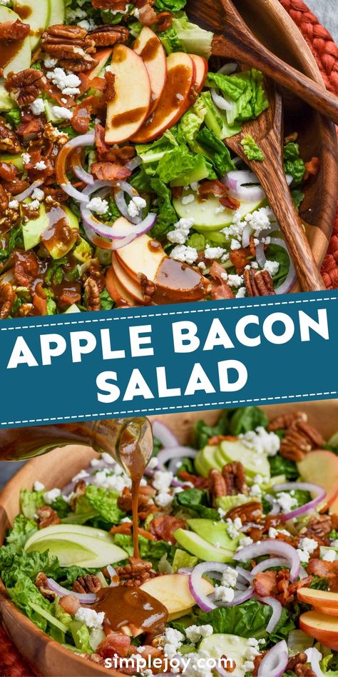 This amazing Apple Bacon Salad can be a meal all it's own. It is full of great flavor plus the crunch of apples and the irrisistable taste of bacon. Spinach Apple Bacon Salad, Apple Lettuce Salad Recipe, Apple Salad Ideas, Apple Feta Salad Recipe, Turkey Bacon Salad, Apple Crunch Salad, Lettuce Salad With Apples, Apple And Bacon Recipes, Salad With Green Apples