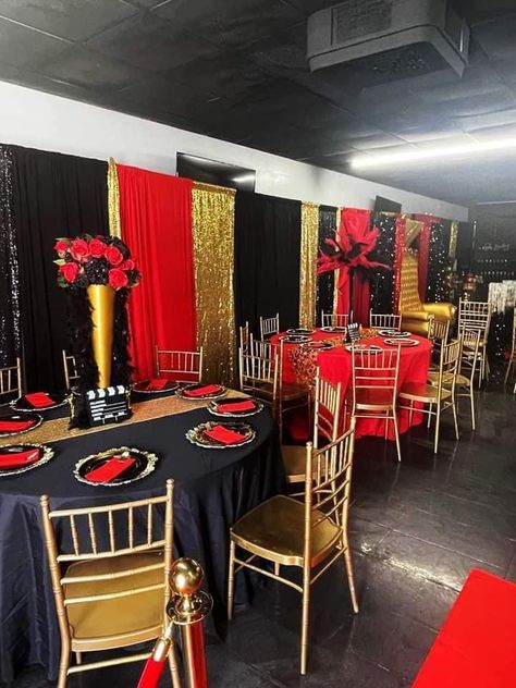 Red Black And Gold Sweet 16 Decorations, Met Gala Party Theme Ideas, Adult Prom Theme Party Ideas, Players Ball Theme Party, Met Gala Prom Theme, Red And Black Theme, Red Banquet, 50th Birthday Centerpieces, Gala Decorations