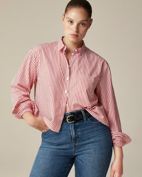 Cropped Button Up Shirt, Pencil Skirt Work, Hair Wrap Scarf, White Shirts Women, Popover Shirt, Stripe Shirt, Red Button, Jcrew Women, Shirt For Women